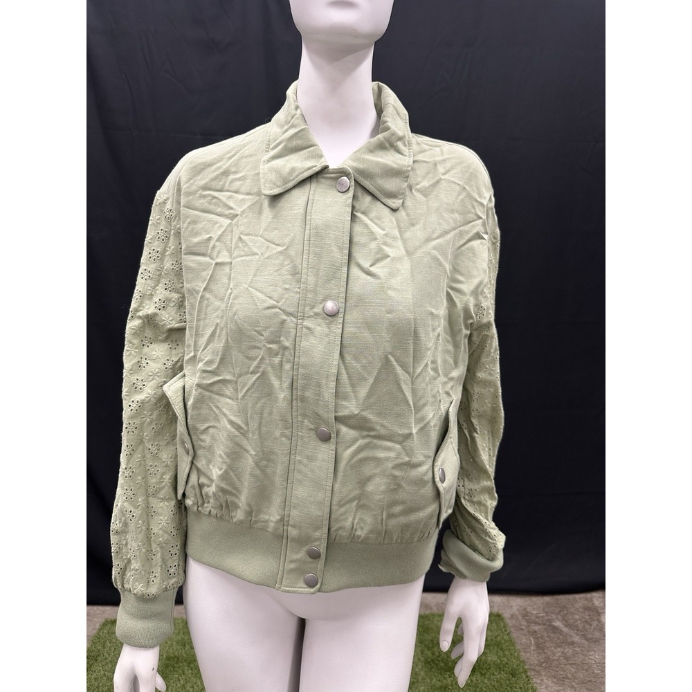 7 For All Mankind Small Sage Green Eyelet Sleeve Spring‎ School Bomber Jacket